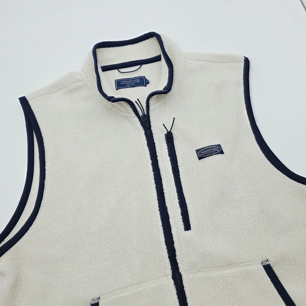 Vineyard Vines Mens Fleece Vest Cream Navy Blue Full Zip Sherpa 1K005741 Large